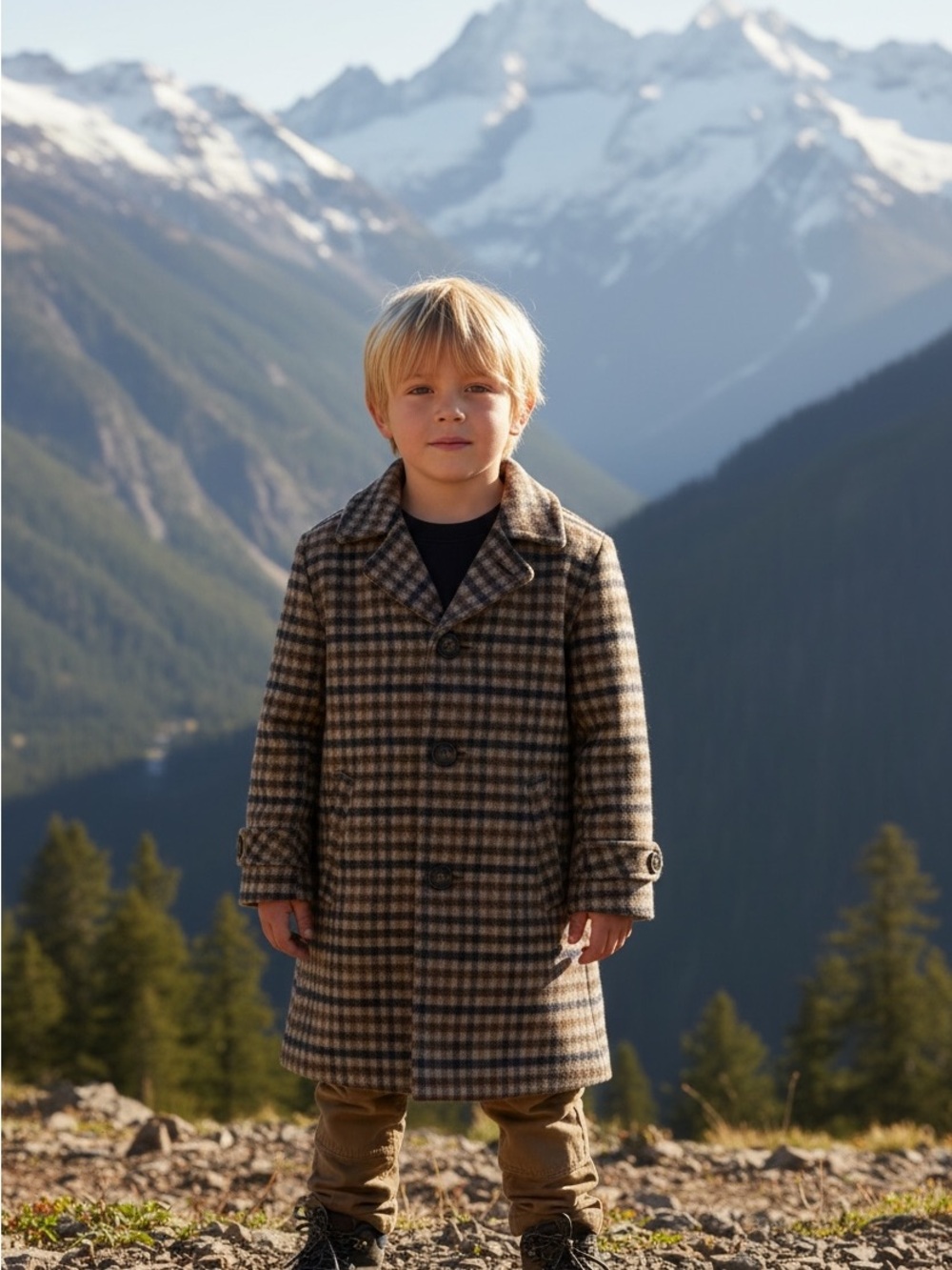 Boys' Plaid Wool-Blend Pea Coat in Brown and Cream